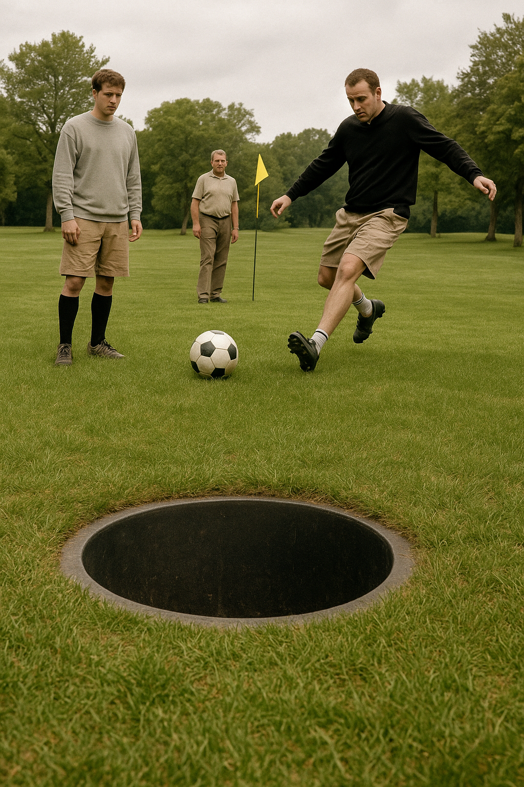 Jugador pateando balón hacia hoyo grande en campo de footgolf