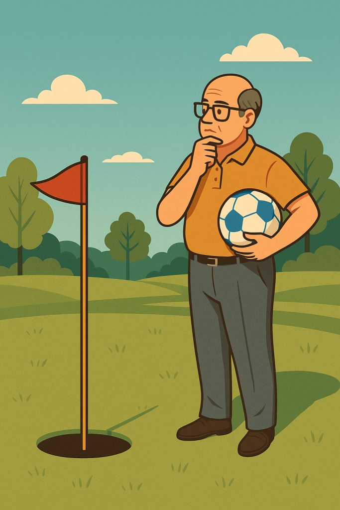 Ilustración de hombre mayor con balón frente a hoyo de footgolf