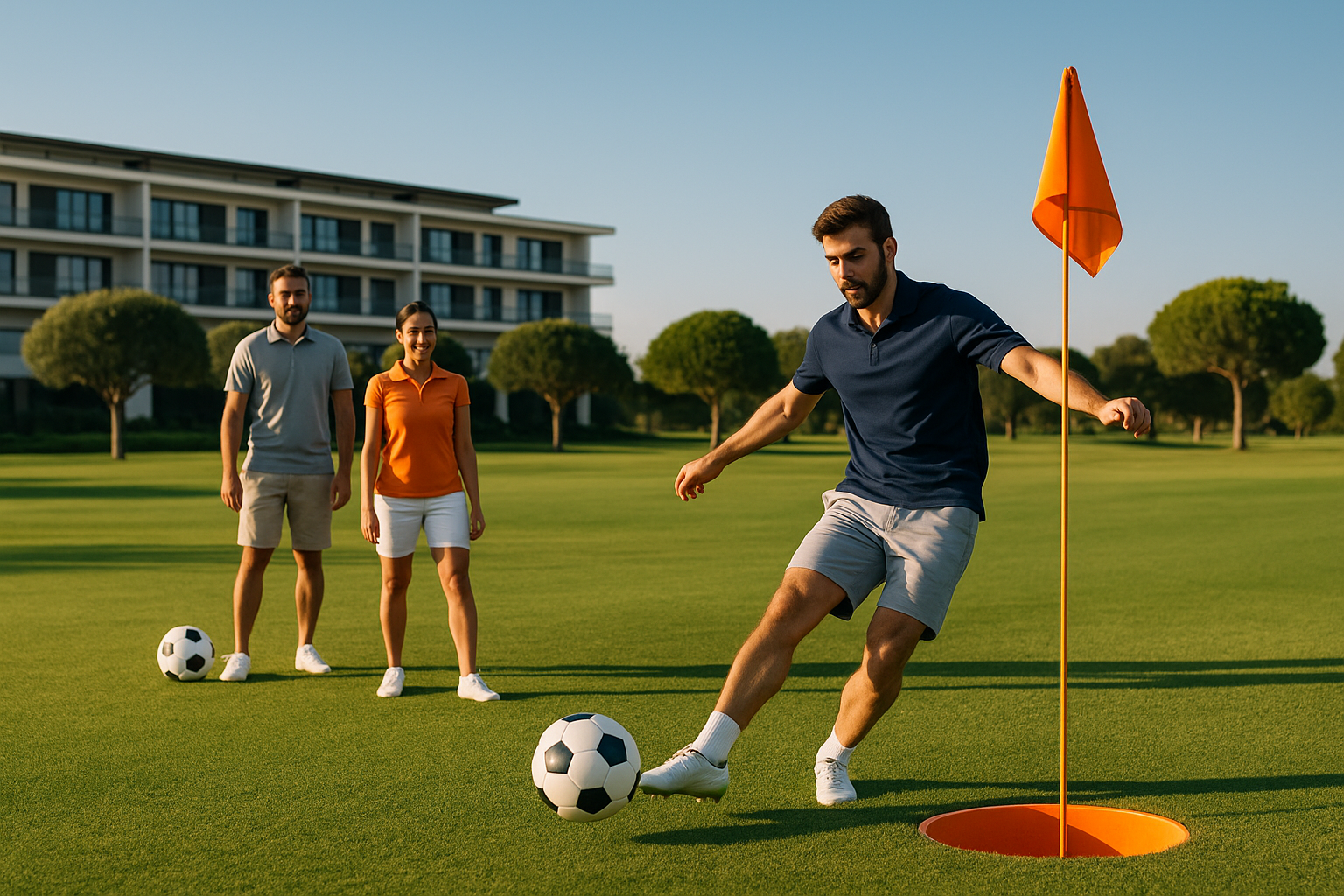 Jugadores en campo de footgolf junto a hoyo con bandera