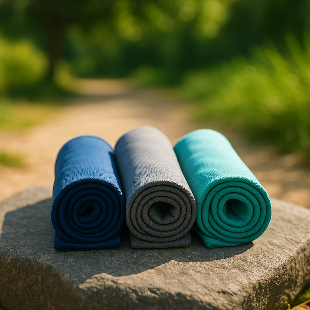 Esterillas enrolladas de colores sobre piedra en sendero natural